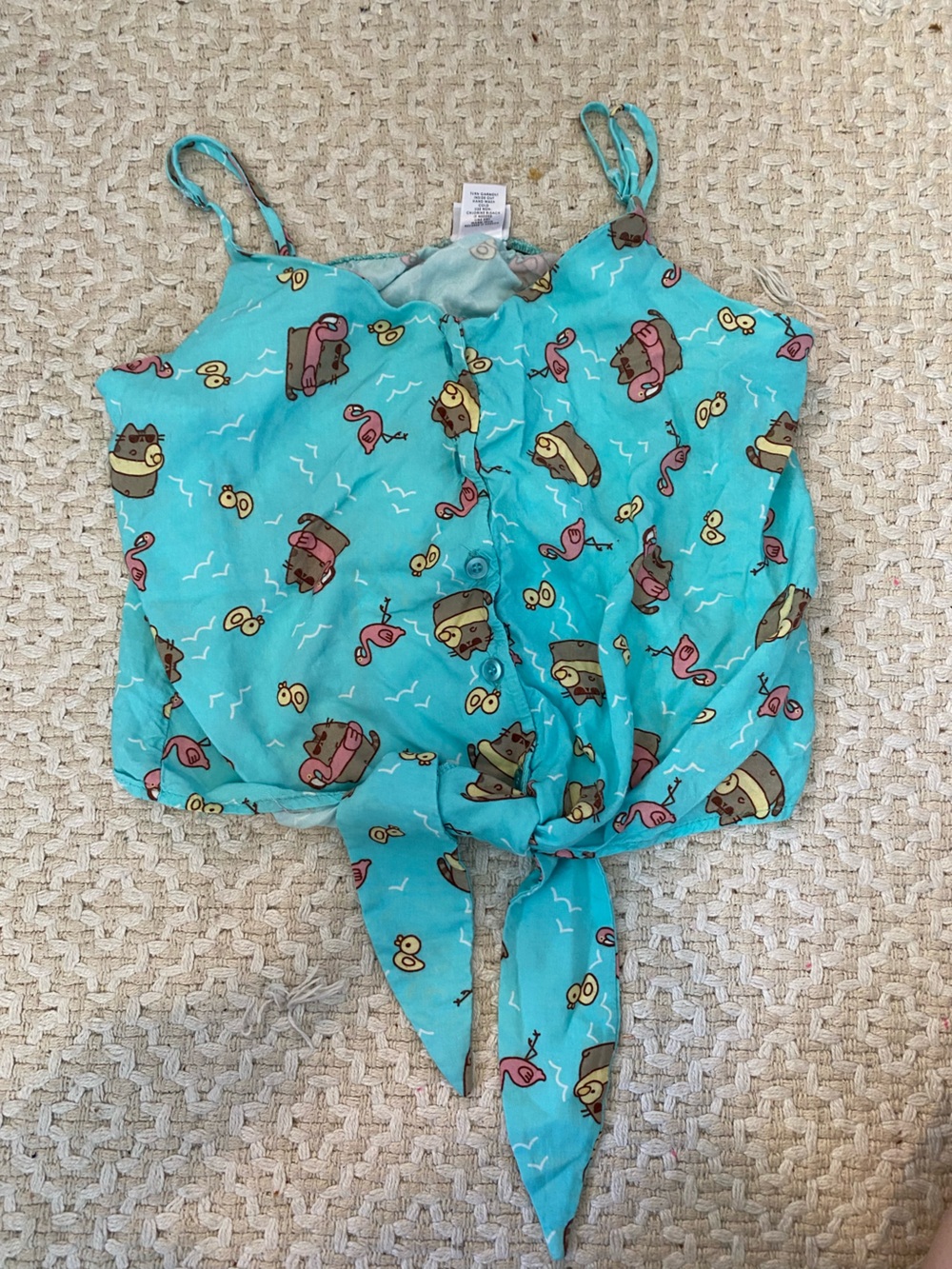Pusheen Teal Tie up Beach Tank Top with Pink & Yellow Pusheen Print
